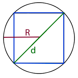 Вычислить диагональ вписанного квадрата через R - радиус круга