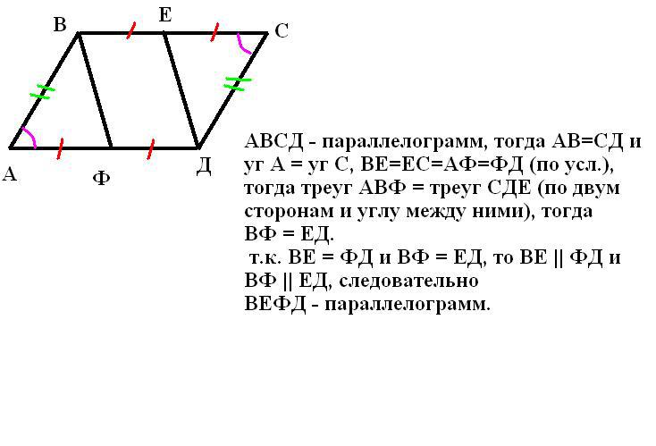 В четырехугольнике авсд ав равен сд. Параллелограмм АВСД. Середина стороны параллелограмма. Стороны параллелограмма АВСД. Задачи на углы в параллелограмме.
