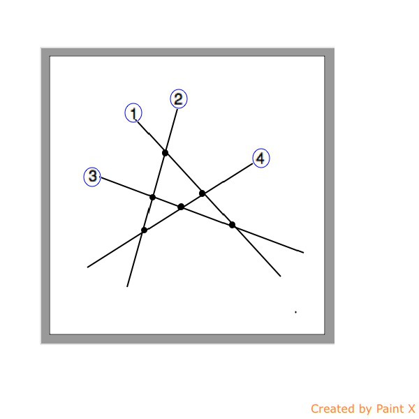 На плоскости проведены четыре. Четыре прямых и с точки пересечения. Четыре прямые с пятью точками пересечения. 4 Прямые пересекаются в 4 точках. Пересечение четырех прямых на плоскости.