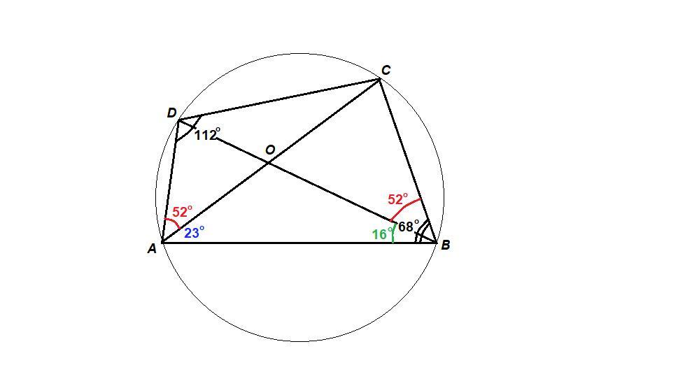 Четырехугольник abcd вписан в окружность меньшие дуги ав 52 найдите угол в этого четырехугольника