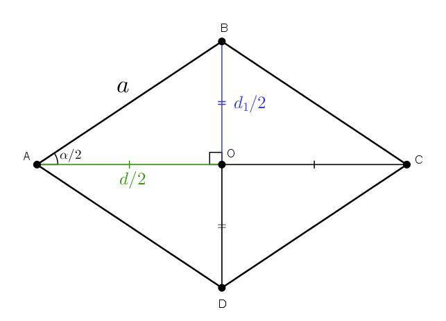 Большая диагональ ромба. Диагонали ромба d1 d2. Диагонали ромба точкой пересечения делятся пополам. Диагональ ромба биссектриса.