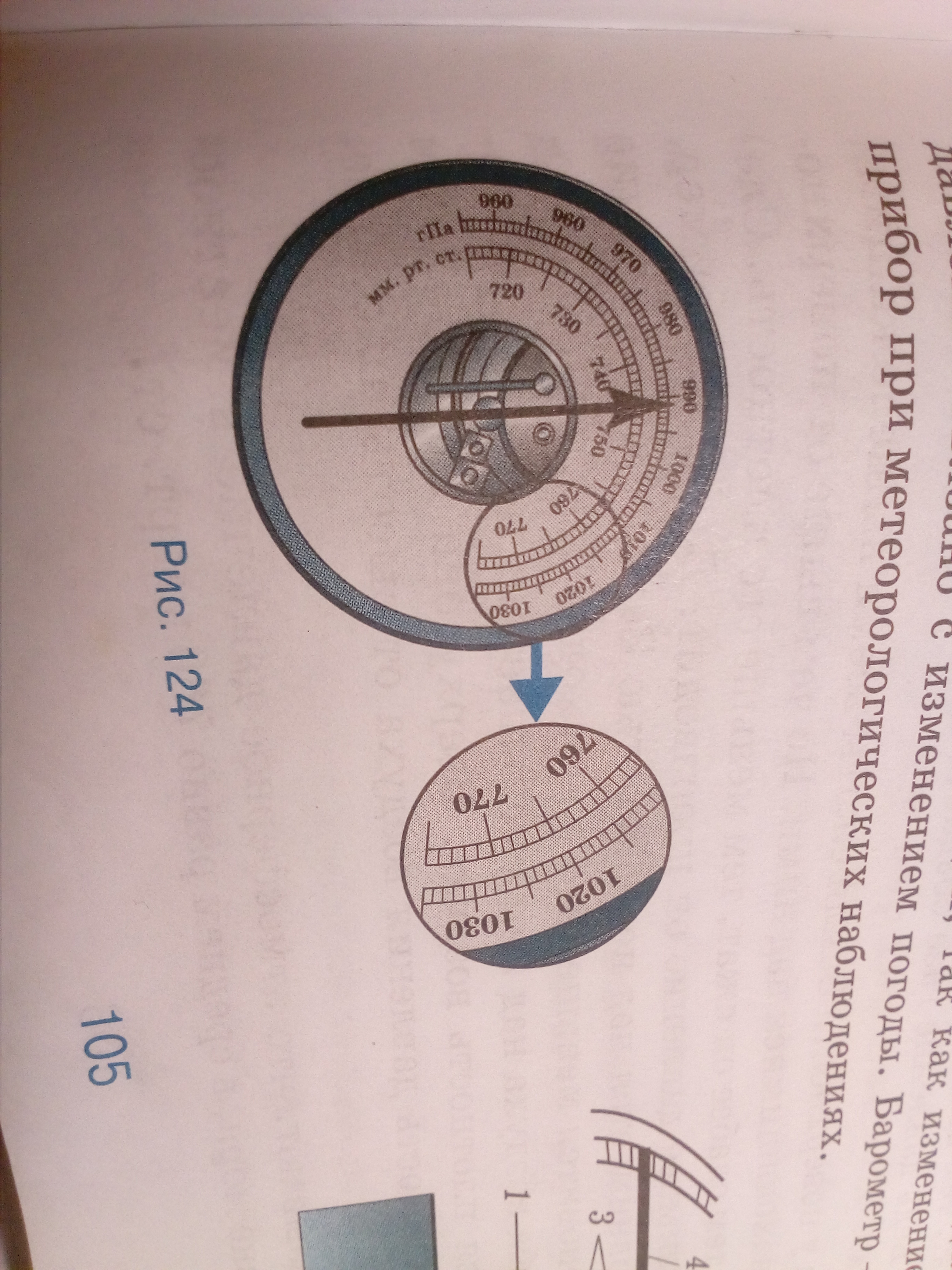 Внешняя шкала барометра анероида проградуирована в. Как называется прибор, изображённый на рисунке?. Б В каких единицах проградуированы его внешняя и внутренняя шкалы. В каких единицах проградуированы внешняя и внутренняя шкала.