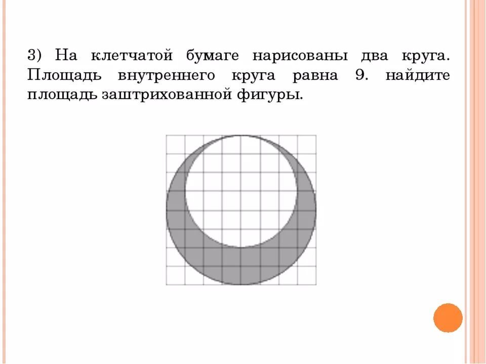 На клетчатой бумаге нарисован. Площадь внутреннего круга. Площадь внутреннего круга равна. На клетчатой бумаге нарисованы два круга. Найдите площадь внутреннего круга.